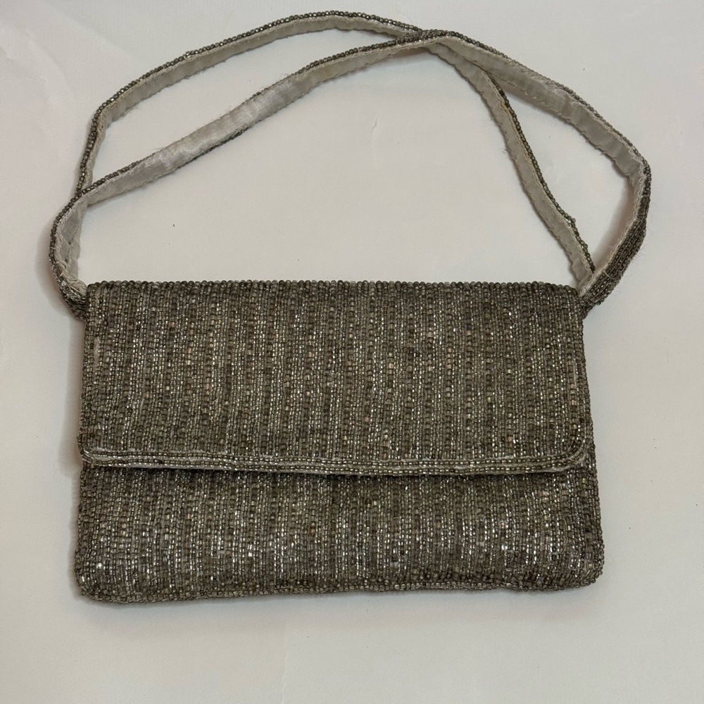 Elegant Silver Beaded Clutch by La Regale